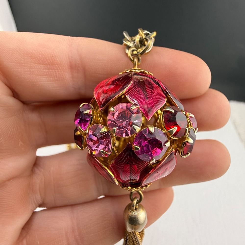 Vintage Estate Necklace Pink Enamel Rhinestone Tassel Gold Tone 30"